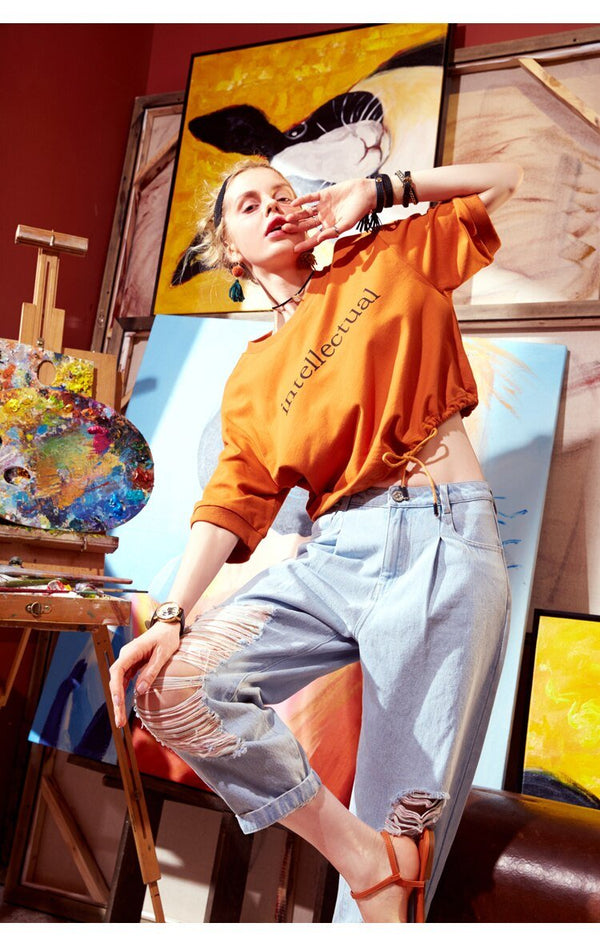 Basic Letter Print Women Crop Tops T-shirts, Autumn ELF Casual Daily Tee - Vimost Shop