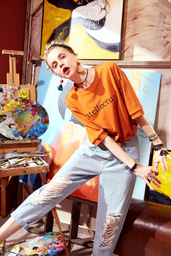 Basic Letter Print Women Crop Tops T-shirts, Autumn ELF Casual Daily Tee - Vimost Shop