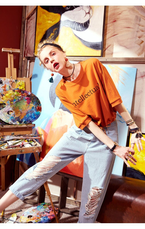 Basic Letter Print Women Crop Tops T-shirts, Autumn ELF Casual Daily Tee - Vimost Shop