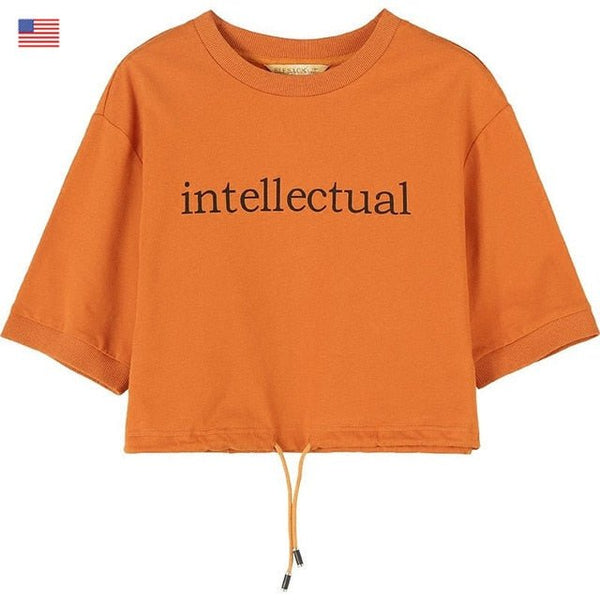 Basic Letter Print Women Crop Tops T-shirts, Autumn ELF Casual Daily Tee - Vimost Shop