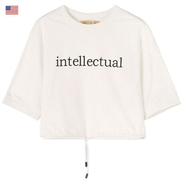 Basic Letter Print Women Crop Tops T-shirts, Autumn ELF Casual Daily Tee - Vimost Shop