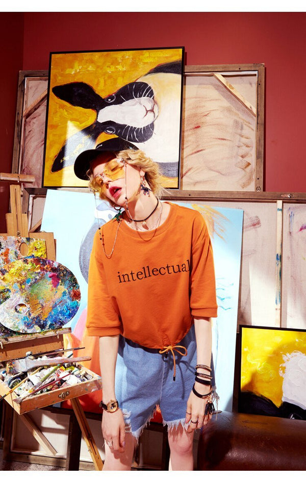 Basic Letter Print Women Crop Tops T-shirts, Autumn ELF Casual Daily Tee - Vimost Shop