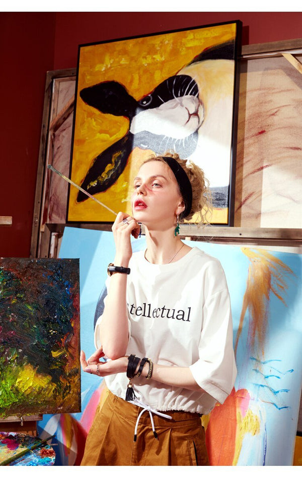 Basic Letter Print Women Crop Tops T-shirts, Autumn ELF Casual Daily Tee - Vimost Shop