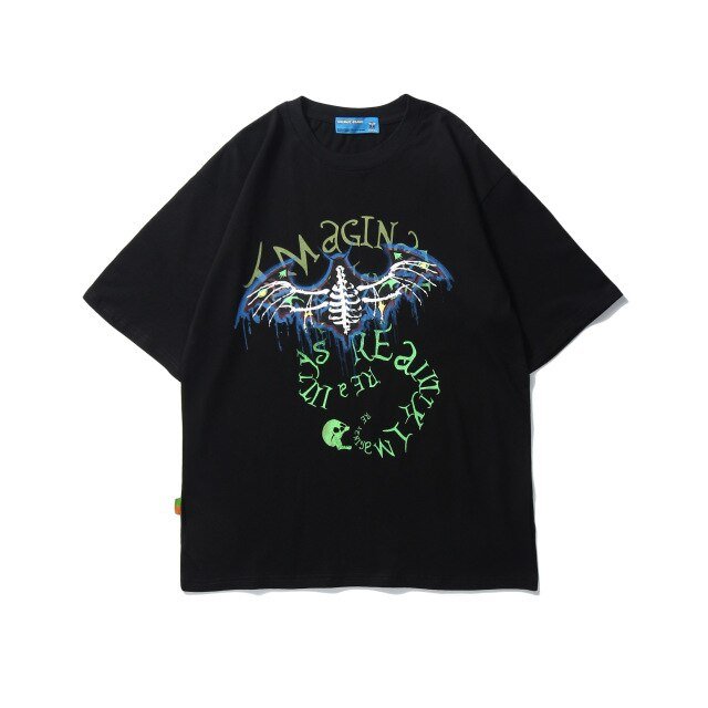 Bat Skull Print T Shirt Men Hip Hop T-Shirts Streetwear Summer Tshirt Short Sleeve Cotton Oversized Gray Tops Tees - Vimost Shop