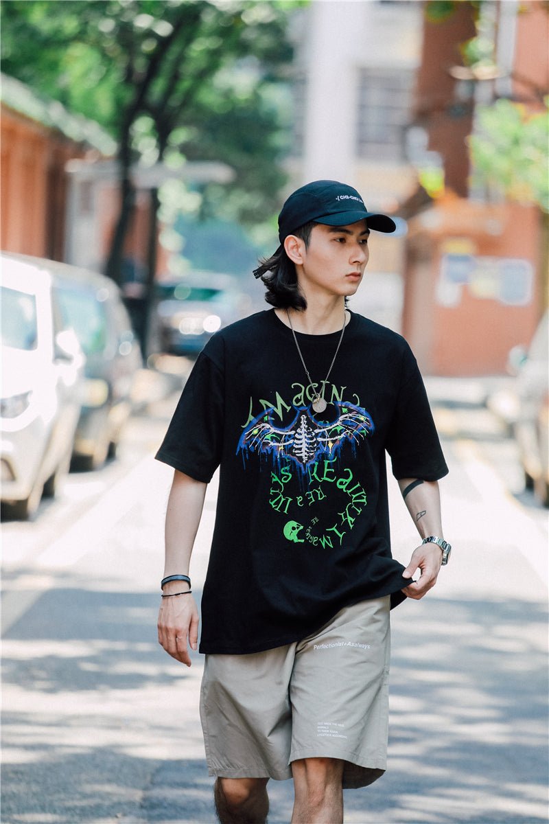 Bat Skull Print T Shirt Men Hip Hop T-Shirts Streetwear Summer Tshirt Short Sleeve Cotton Oversized Gray Tops Tees - Vimost Shop