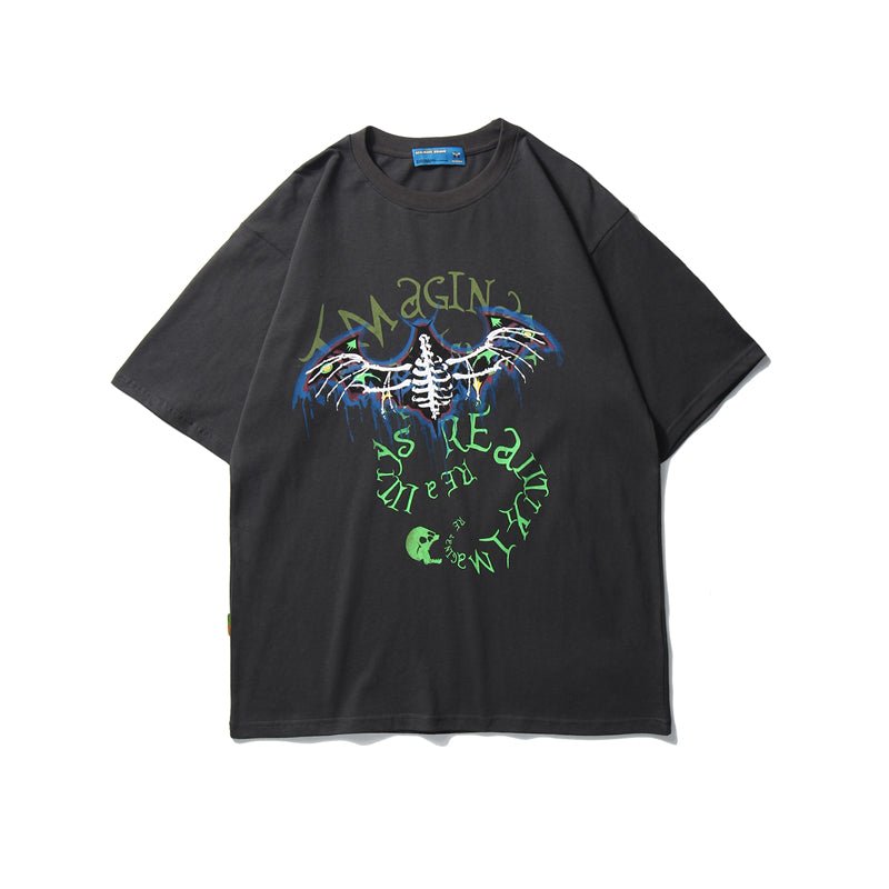 Bat Skull Print T Shirt Men Hip Hop T-Shirts Streetwear Summer Tshirt Short Sleeve Cotton Oversized Gray Tops Tees - Vimost Shop