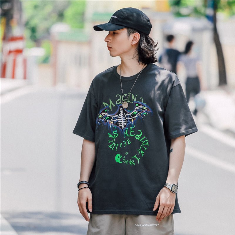 Bat Skull Print T Shirt Men Hip Hop T-Shirts Streetwear Summer Tshirt Short Sleeve Cotton Oversized Gray Tops Tees - Vimost Shop