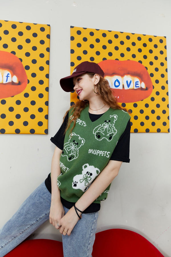 Bear Graphic Knit Pullover Women Casual Knitwear,Autumn V Neck Sleeveless Korean Ladies Basic Daily Sweater Vest - Vimost Shop