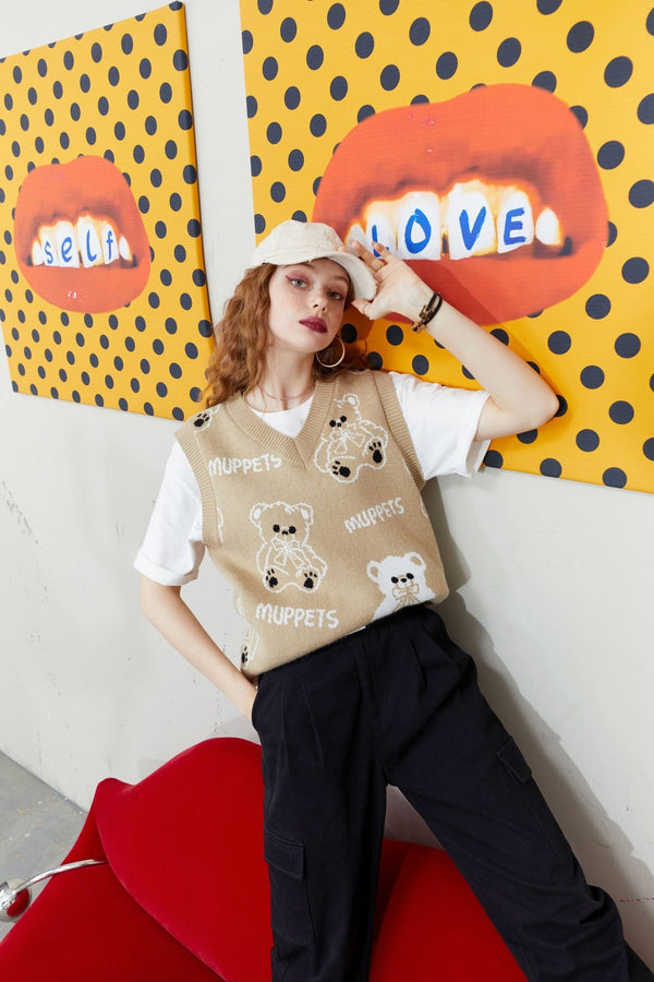 Bear Graphic Knit Pullover Women Casual Knitwear,Autumn V Neck Sleeveless Korean Ladies Basic Daily Sweater Vest - Vimost Shop