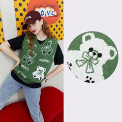 Bear Graphic Knit Pullover Women Casual Knitwear,Autumn  V Neck Sleeveless Korean Ladies Basic Daily Sweater Vest