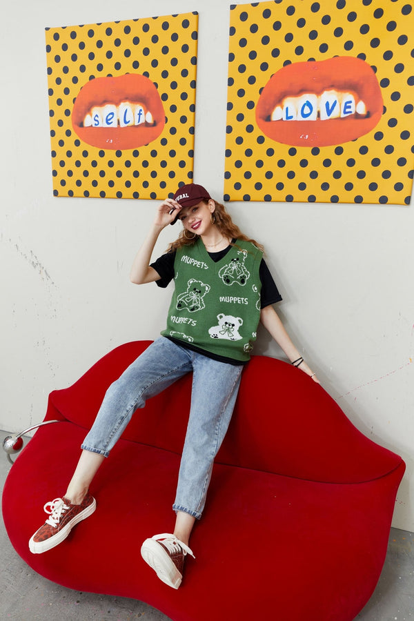 Bear Graphic Knit Pullover Women Casual Knitwear,Autumn V Neck Sleeveless Korean Ladies Basic Daily Sweater Vest - Vimost Shop