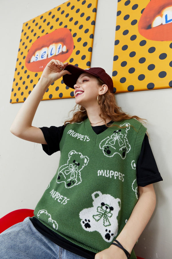 Bear Graphic Knit Pullover Women Casual Knitwear,Autumn V Neck Sleeveless Korean Ladies Basic Daily Sweater Vest - Vimost Shop