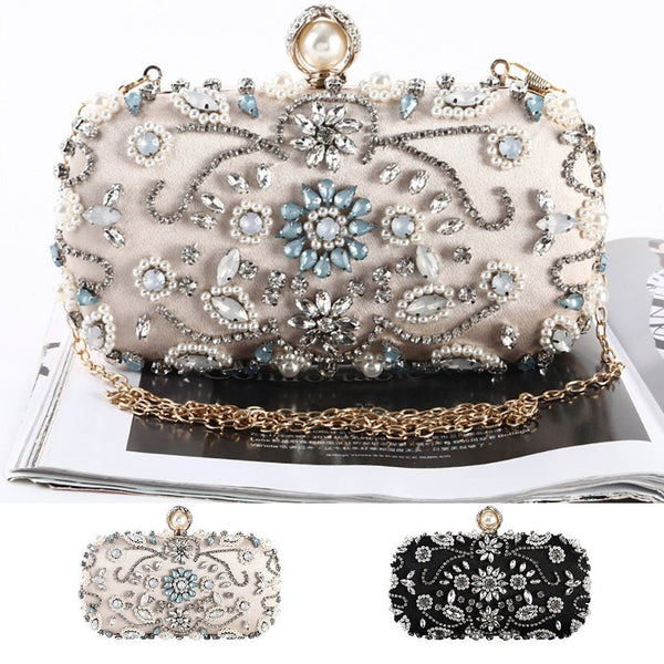 Beige Black Evening Clutch Bag Women Bags Wedding Shiny Handbags Bridal Metal Clutches Bag Chain Shoulder Bag - Vimost Shop