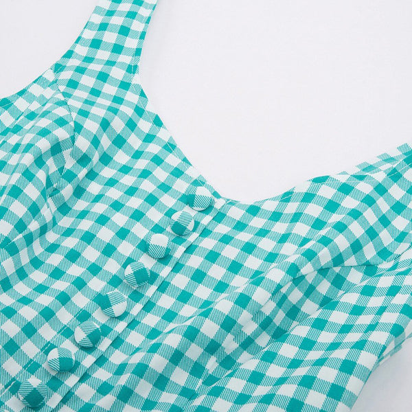 Belle Poque Cotton Dress Women Sleeveless V-Neck Buttons Grid Plaid Dresses Ladies Summer Knee Length Flare Swing A-Line Dress - Vimost Shop