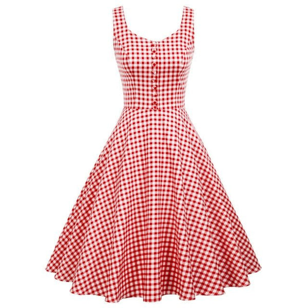 Belle Poque Cotton Dress Women Sleeveless V-Neck Buttons Grid Plaid Dresses Ladies Summer Knee Length Flare Swing A-Line Dress - Vimost Shop