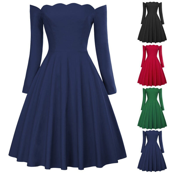 Belle Poque Women Dresses Retro Sexy Long Sleeve Off Shoulder Flared A-Line Dress Swing Knee Length Solid Fall Lady Dresses New - Vimost Shop