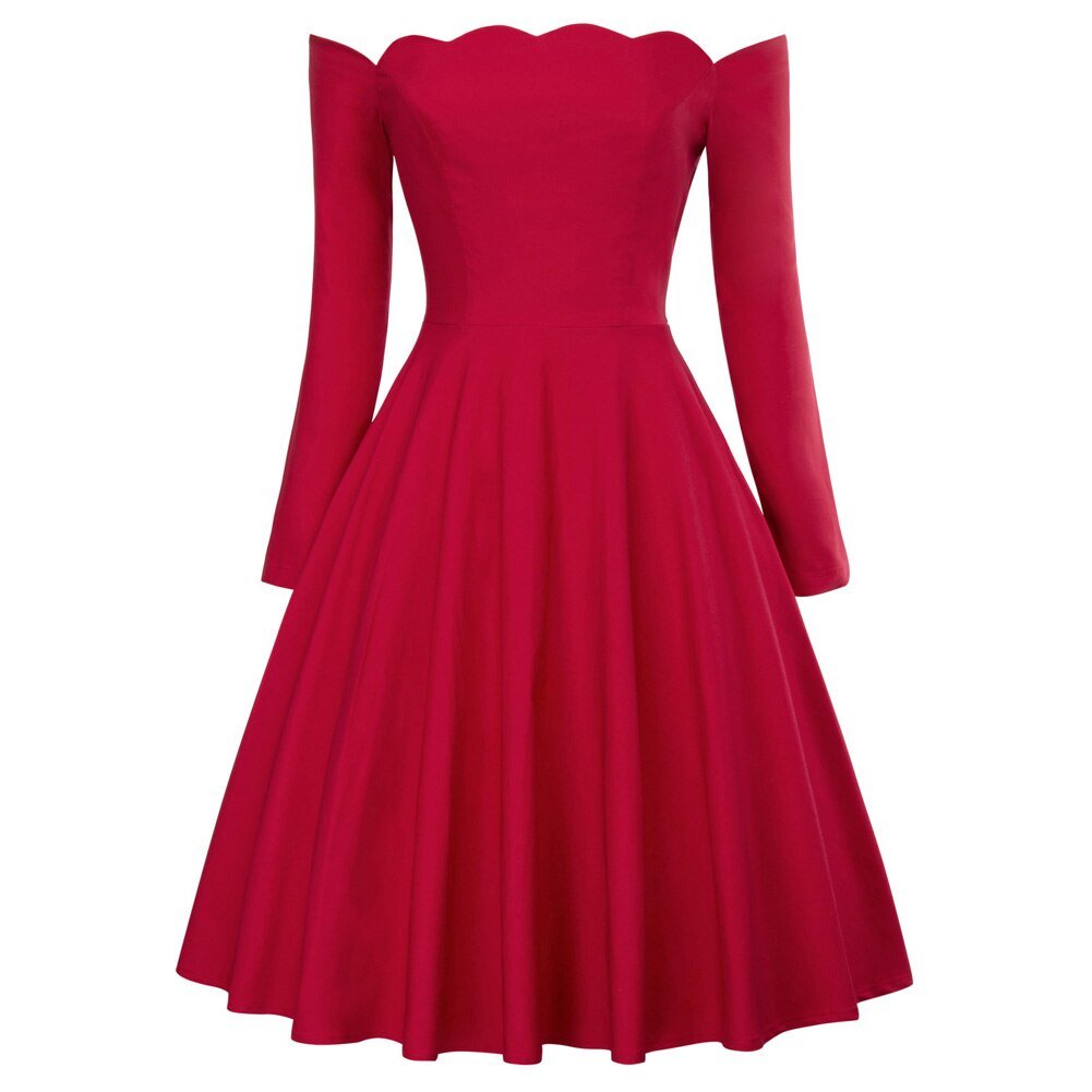 Belle Poque Women Dresses Retro Sexy Long Sleeve Off Shoulder Flared A-Line Dress Swing Knee Length Solid Fall Lady Dresses New - Vimost Shop