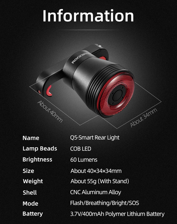 Bicycle Smart Auto Brake Sensing Light IPx6 Waterproof LED Charging Cycling Taillight Bike Rear Light Accessories Q5 - Vimost Shop