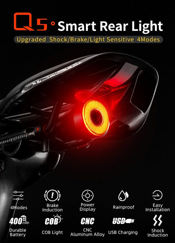 Bicycle Smart Auto Brake Sensing Light IPx6 Waterproof LED Charging Cycling Taillight Bike Rear Light Accessories Q5 - Vimost Shop