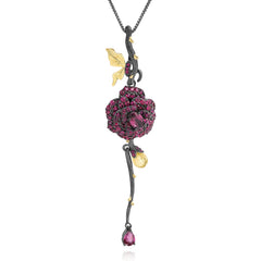 Black & 18k Gold Over 925 Silver Two Tone Handmade Rose Flower Natural Rhodolite Garnet Pendant Necklace For Women