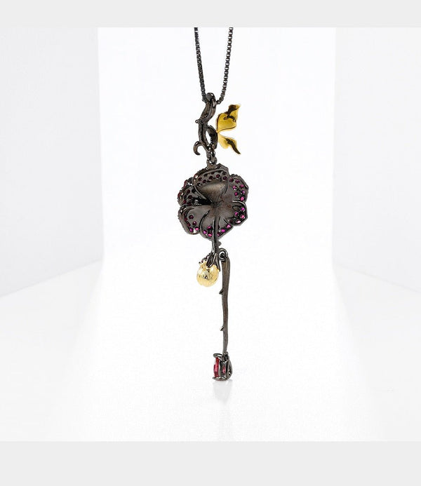 Black & 18k Gold Over 925 Silver Two Tone Handmade Rose Flower Natural Rhodolite Garnet Pendant Necklace For Women - Vimost Shop
