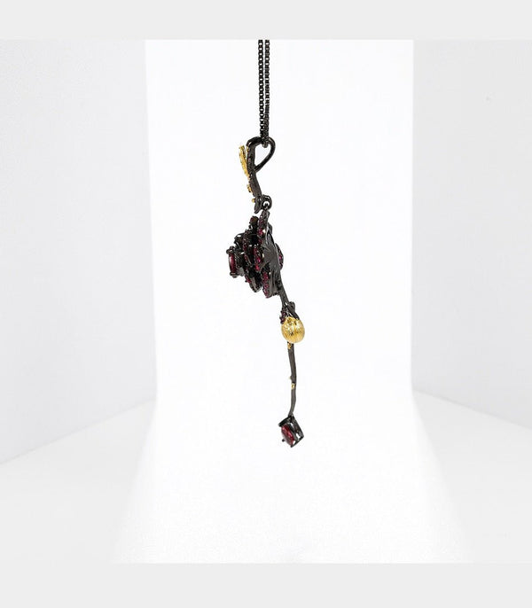 Black & 18k Gold Over 925 Silver Two Tone Handmade Rose Flower Natural Rhodolite Garnet Pendant Necklace For Women - Vimost Shop