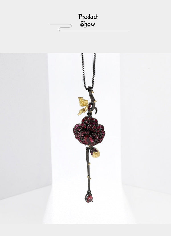 Black & 18k Gold Over 925 Silver Two Tone Handmade Rose Flower Natural Rhodolite Garnet Pendant Necklace For Women - Vimost Shop
