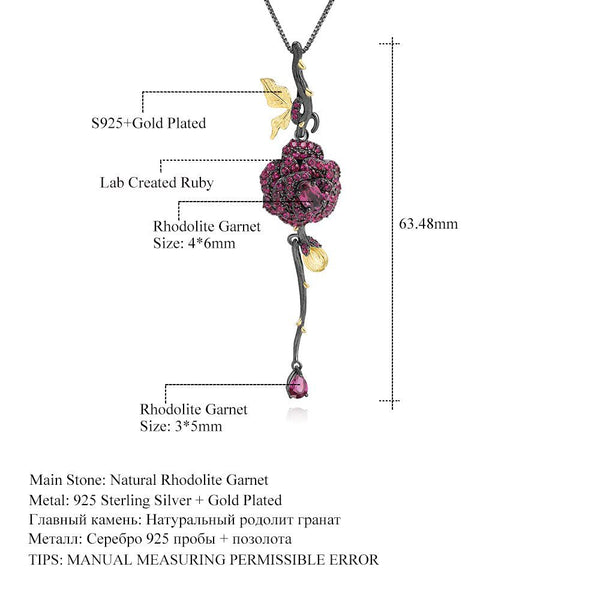 Black & 18k Gold Over 925 Silver Two Tone Handmade Rose Flower Natural Rhodolite Garnet Pendant Necklace For Women - Vimost Shop