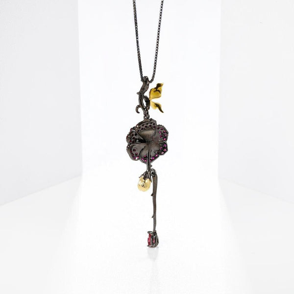 Black & 18k Gold Over 925 Silver Two Tone Handmade Rose Flower Natural Rhodolite Garnet Pendant Necklace For Women - Vimost Shop