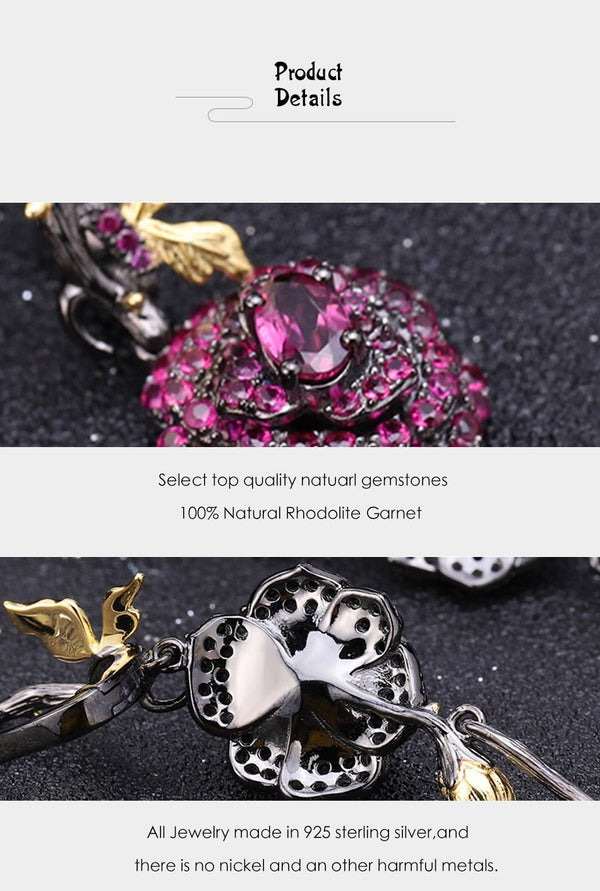 Black & 18k Gold Over 925 Silver Two Tone Handmade Rose Flower Natural Rhodolite Garnet Pendant Necklace For Women - Vimost Shop