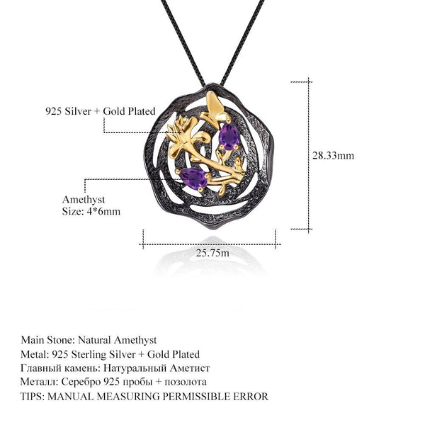 Black and 18k gold over 925 silver two tone handmade butterfly flower Amethyst pendant necklace for Mom Girlfriend - Vimost Shop