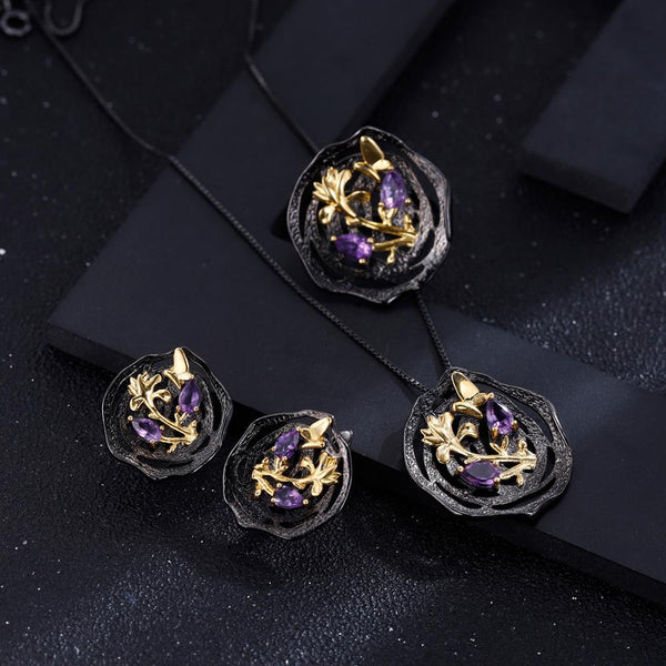 Black and 18k gold over 925 silver two tone handmade butterfly flower Amethyst pendant necklace for Mom Girlfriend - Vimost Shop