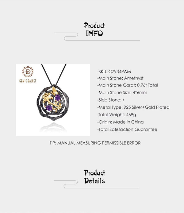 Black and 18k gold over 925 silver two tone handmade butterfly flower Amethyst pendant necklace for Mom Girlfriend - Vimost Shop