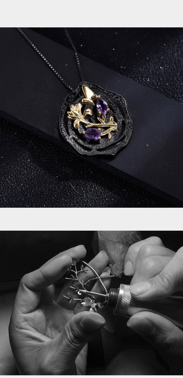Black and 18k gold over 925 silver two tone handmade butterfly flower Amethyst pendant necklace for Mom Girlfriend - Vimost Shop