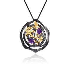 Black and 18k gold over 925 silver two tone handmade butterfly flower Amethyst pendant necklace for Mom Girlfriend