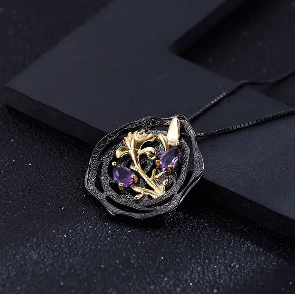 Black and 18k gold over 925 silver two tone handmade butterfly flower Amethyst pendant necklace for Mom Girlfriend - Vimost Shop