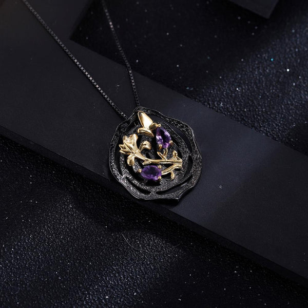 Black and 18k gold over 925 silver two tone handmade butterfly flower Amethyst pendant necklace for Mom Girlfriend - Vimost Shop