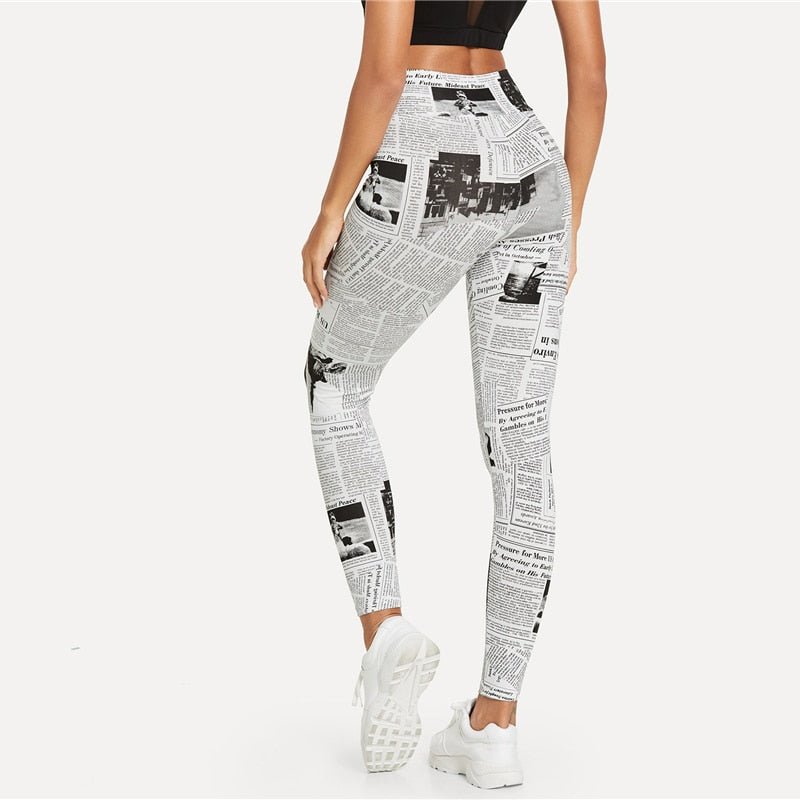 Black And White Highstreet Newspaper Letter Print Streetwear Leggings Summer Women Sexy Casual Trousers - Vimost Shop