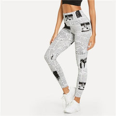 Black And White Highstreet Newspaper Letter Print Streetwear Leggings Summer Women Sexy Casual Trousers