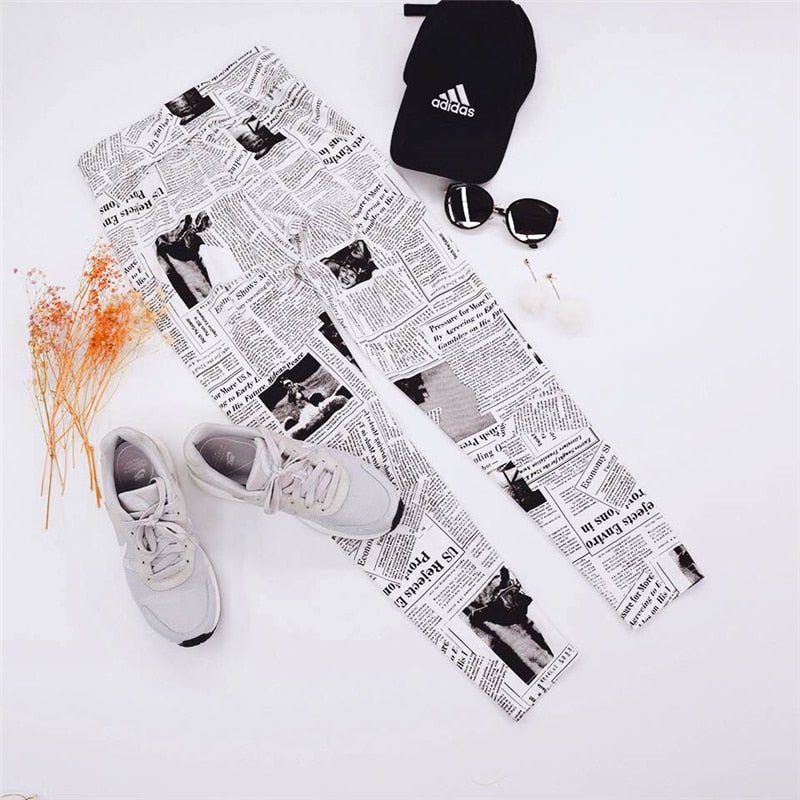 Black And White Highstreet Newspaper Letter Print Streetwear Leggings Summer Women Sexy Casual Trousers - Vimost Shop