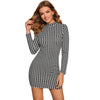 Black and White Mock Neck Houndstooth Print Bodycon Dress Women Spring Autumn Long Sleeve Elegant Pencil Fitted Dresses - Vimost Shop