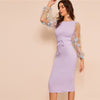 Black Applique Embroidered Mesh Sleeve Pencil Dress Women Autumn Elegant Casual Boat Neck Bishop Sleeve Pencil Dresses - Vimost Shop
