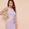 Black Applique Embroidered Mesh Sleeve Pencil Dress Women Autumn Elegant Casual Boat Neck Bishop Sleeve Pencil Dresses - Vimost Shop