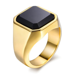 Black Carnelian CZ Gold Tone Ring for Men Boys 316L Stainless Steel Signet Rings Square Shape Royal Male Jewelry