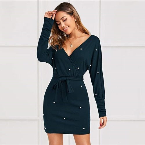 Black Deep V neck Pearls Beading Belted Elegant Dress Women 2019 Autumn High Waist Batwing Sleeve Wrap Bodycon Dresses - Vimost Shop