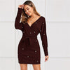 Black Deep V neck Pearls Beading Belted Elegant Dress Women 2019 Autumn High Waist Batwing Sleeve Wrap Bodycon Dresses - Vimost Shop