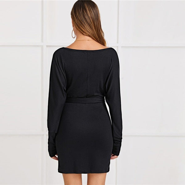 Black Deep V neck Pearls Beading Belted Elegant Dress Women 2019 Autumn High Waist Batwing Sleeve Wrap Bodycon Dresses - Vimost Shop