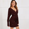 Black Deep V neck Pearls Beading Belted Elegant Dress Women 2019 Autumn High Waist Batwing Sleeve Wrap Bodycon Dresses - Vimost Shop
