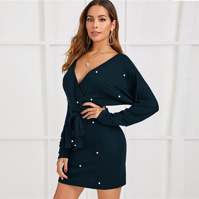 Black Deep V neck Pearls Beading Belted Elegant Dress Women 2019 Autumn High Waist Batwing Sleeve Wrap Bodycon Dresses - Vimost Shop