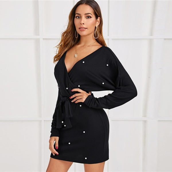 Black Deep V neck Pearls Beading Belted Elegant Dress Women 2019 Autumn High Waist Batwing Sleeve Wrap Bodycon Dresses - Vimost Shop